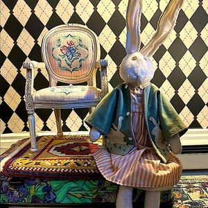 Vintage Pair: Embroidered Accent Chair + Whimsical Rabbit - Matching Red Stripes